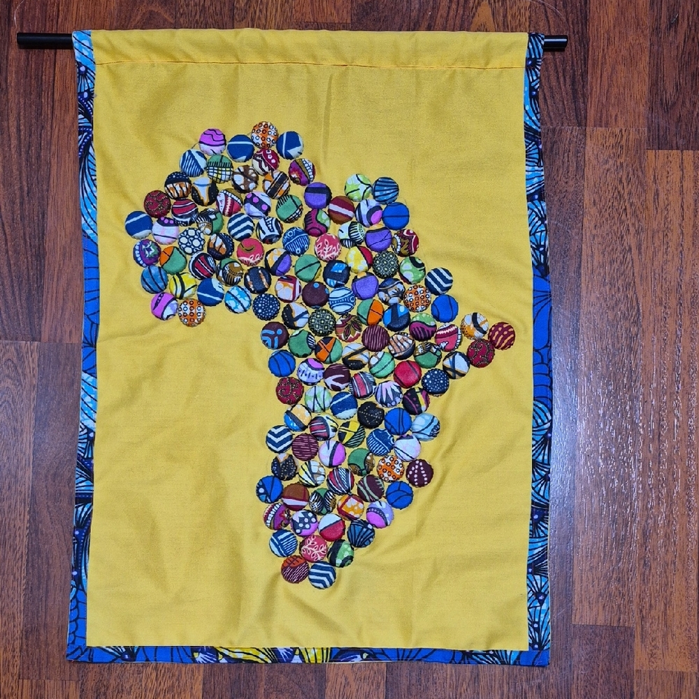 Handmade Bottlecap Art Ankara Print Fabric African Continent Wall Hanging